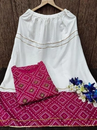 Women's Rayon Straight Kurti with Skirt Set Bandhani Foil Print Kurta Skirt for Girls, Diwali, Festival Puja. - S