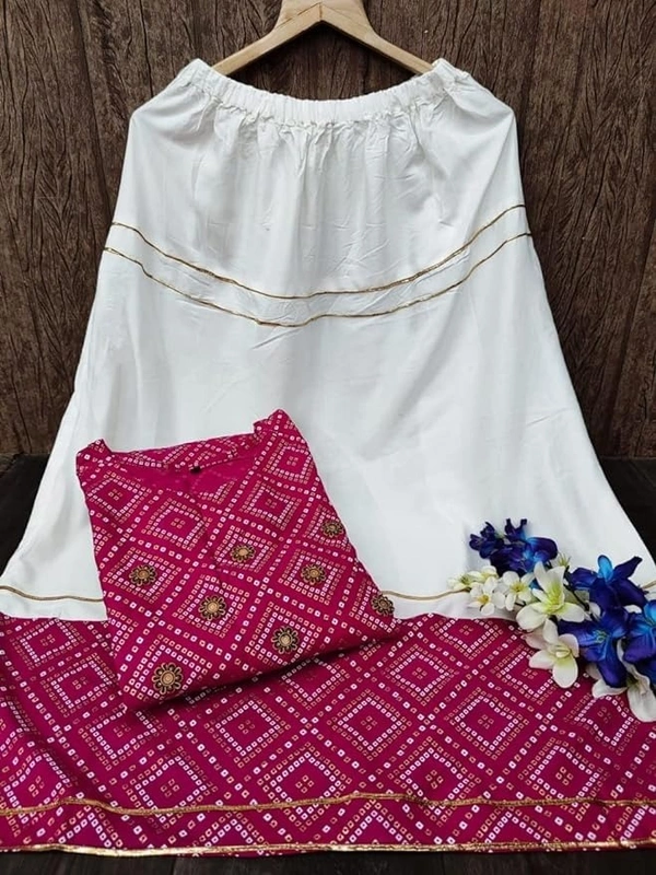 Women's Rayon Straight Kurti with Skirt Set Bandhani Foil Print Kurta Skirt for Girls, Diwali, Festival Puja. - S