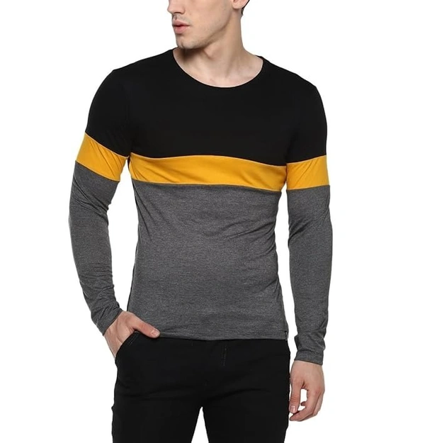 Black, Yellow, Grey Round Neck Full Sleeve Cotton T-Shirt