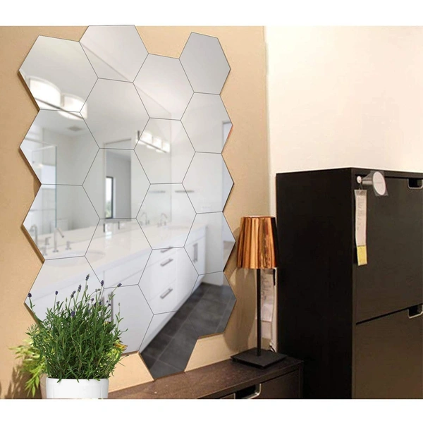 Hexagonal 20 silver mirror stickers for wall, acrylic wall decor mirror stickers for hall, bedroom, Kitchen (SilverNew, Unframed)