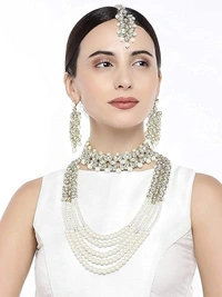 18K Gold Plated Traditional 5 Layers Kundan & Pearl Beaded Moti Raani Haar Necklace Jewellery Set For Women