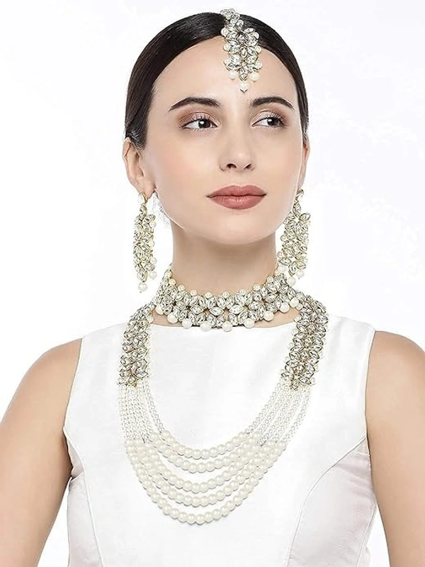 18K Gold Plated Traditional 5 Layers Kundan & Pearl Beaded Moti Raani Haar Necklace Jewellery Set For Women