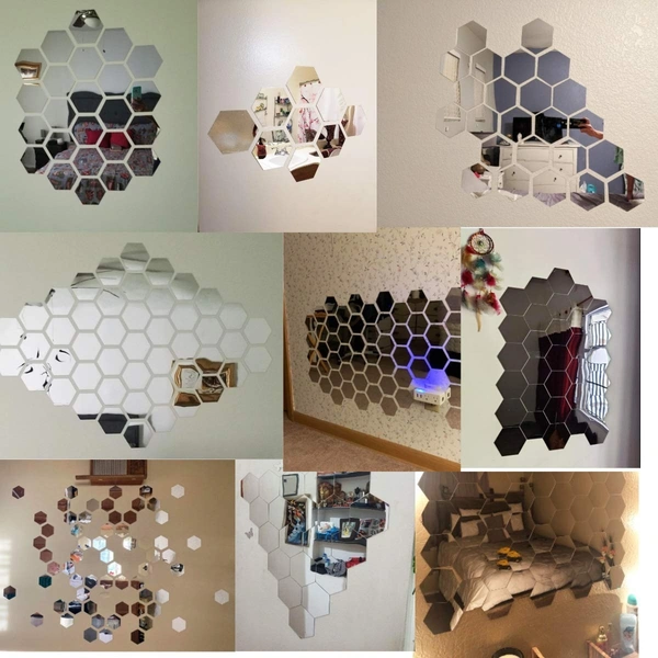 Hexagonal 20 silver mirror stickers for wall, acrylic wall decor mirror stickers for hall, bedroom, Kitchen (SilverNew, Unframed)