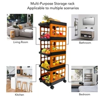 Multi-Purpose 5 Shelves Foldable Storage Trolley, Plastic Trolley Rack with Heavy-Duty 360 Rotatable Wheels for Office, Home, Kitchen & Bathroom(Black & Orange)
