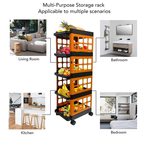 Multi-Purpose 5 Shelves Foldable Storage Trolley, Plastic Trolley Rack with Heavy-Duty 360 Rotatable Wheels for Office, Home, Kitchen & Bathroom(Black & Orange)