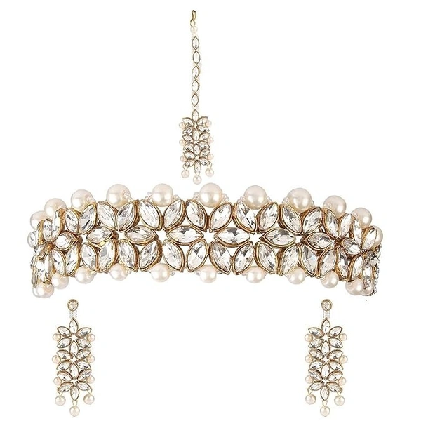 18K Gold Plated Traditional 5 Layers Kundan & Pearl Beaded Moti Raani Haar Necklace Jewellery Set For Women