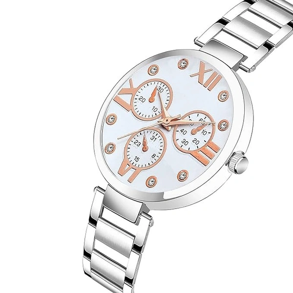 Alluring Analogue White Dial Silver Stainless Steel Strap Graceful Stylish Wrist Watch for Women, Pack of 1 - TTN-SIL-MINA-WH