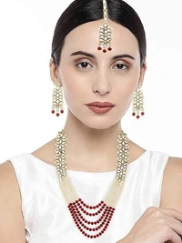 ewels 18K Gold Plated Traditional 5 Layers Kundan & Pearl Beaded Moti Raani Haar Necklace Jewellery Set For Women (ML164)