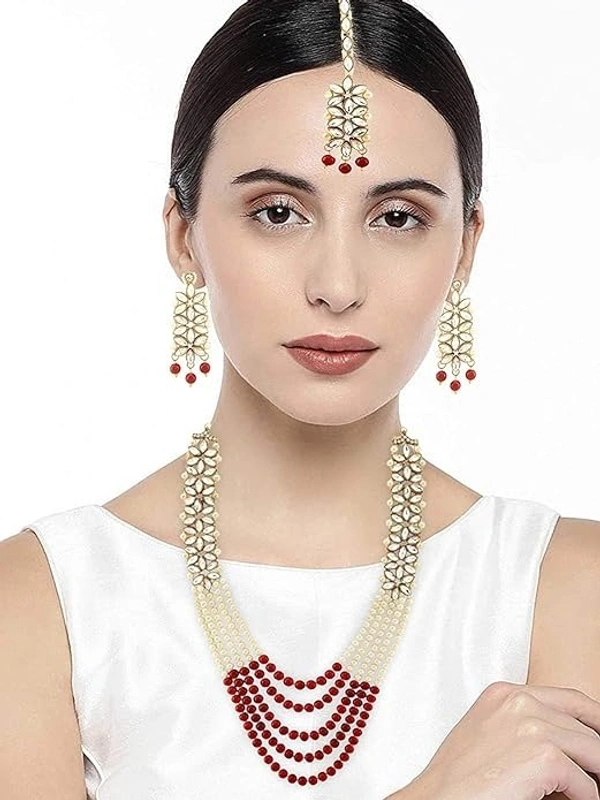 ewels 18K Gold Plated Traditional 5 Layers Kundan & Pearl Beaded Moti Raani Haar Necklace Jewellery Set For Women (ML164)