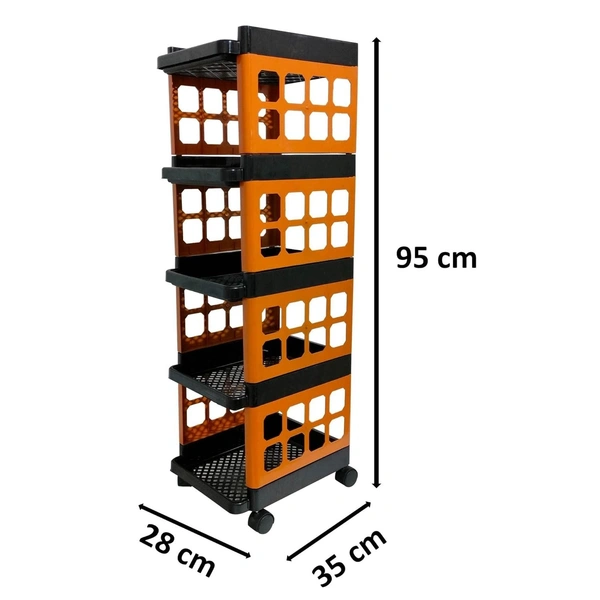 Multi-Purpose 5 Shelves Foldable Storage Trolley, Plastic Trolley Rack with Heavy-Duty 360 Rotatable Wheels for Office, Home, Kitchen & Bathroom(Black & Orange)