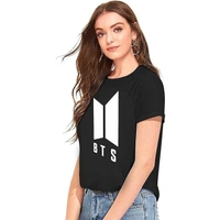 Elegant Black Cotton BTS Printed Round Neck T-Shirt For Women