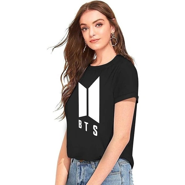 Elegant Black Cotton BTS Printed Round Neck T-Shirt For Women