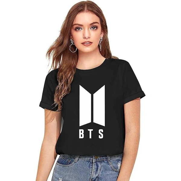 Elegant Black Cotton BTS Printed Round Neck T-Shirt For Women