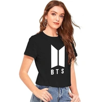 Elegant Black Cotton BTS Printed Round Neck T-Shirt For Women