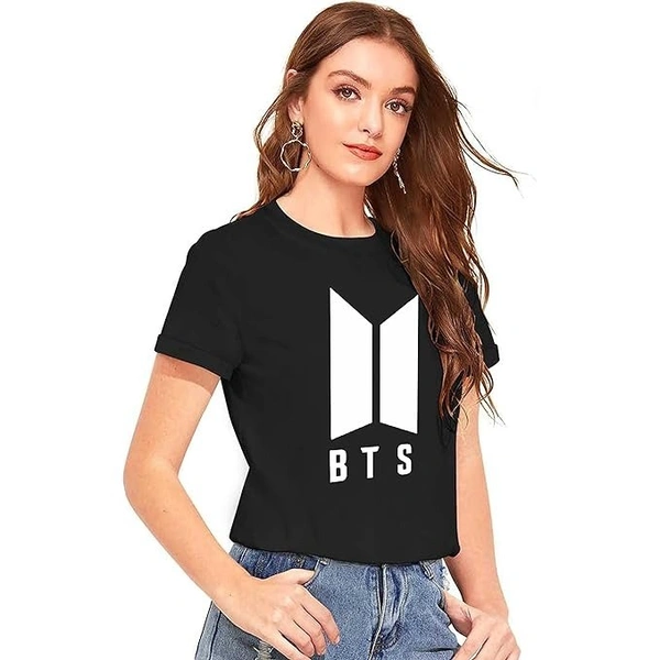 Elegant Black Cotton BTS Printed Round Neck T-Shirt For Women