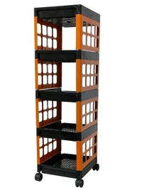 Multi-Purpose 5 Shelves Foldable Storage Trolley, Plastic Trolley Rack with Heavy-Duty 360 Rotatable Wheels for Office, Home, Kitchen & Bathroom(Black & Orange)