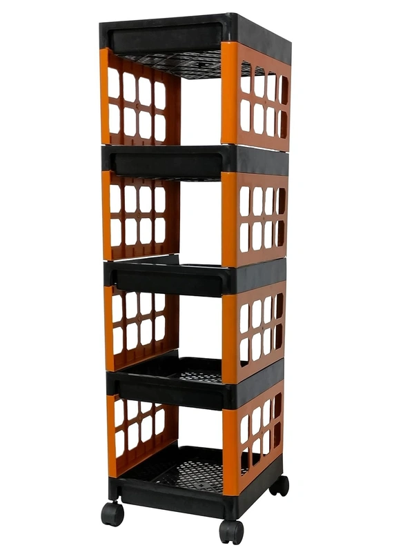 Multi-Purpose 5 Shelves Foldable Storage Trolley, Plastic Trolley Rack with Heavy-Duty 360 Rotatable Wheels for Office, Home, Kitchen & Bathroom(Black & Orange)