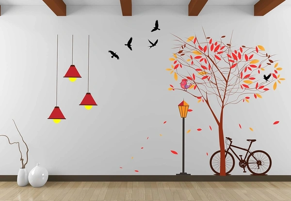LANSTICK 81.28 cm STREET VIEW WITH TREE CYCLE STREET LAMP BIRDS STICKER Self Adhesive Sticker  (Pack of 1)