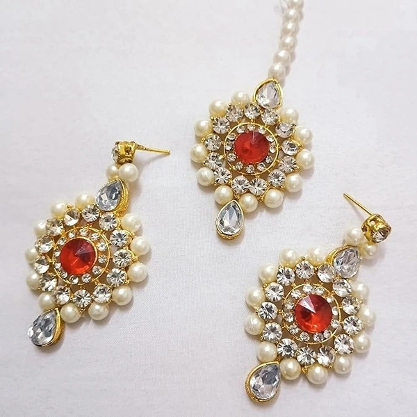 Beautiful Red Long moti necklace with choker, earring, maang tikka
