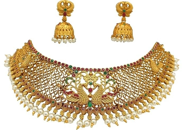 Gold Plated Pearl Choker Necklace Set for Women,Matte Finish Bridal Jewellery Set, Wedding Collection Necklace Earring, for Women-1 Neckless, 2 Earring