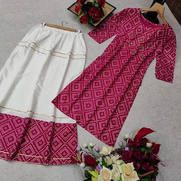 Women's Rayon Straight Kurti with Skirt Set Bandhani Foil Print Kurta Skirt for Girls, Diwali, Festival Puja. - S