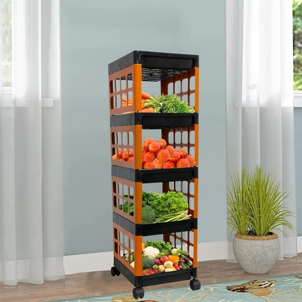 Multi-Purpose 5 Shelves Foldable Storage Trolley, Plastic Trolley Rack with Heavy-Duty 360 Rotatable Wheels for Office, Home, Kitchen & Bathroom(Black & Orange)