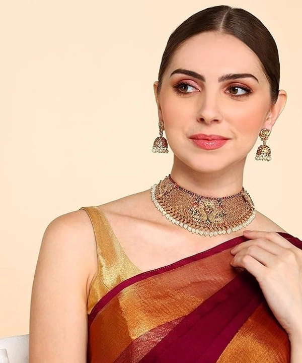 Gold Plated Pearl Choker Necklace Set for Women,Matte Finish Bridal Jewellery Set, Wedding Collection Necklace Earring, for Women-1 Neckless, 2 Earring