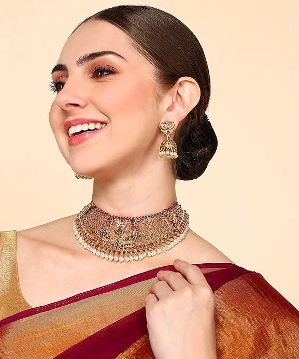 Gold Plated Pearl Choker Necklace Set for Women,Matte Finish Bridal Jewellery Set, Wedding Collection Necklace Earring, for Women-1 Neckless, 2 Earring