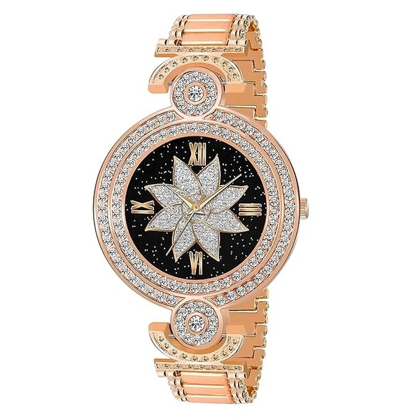 Analogue Flower Design Black Round Dial Rose Gold Metal Strap Stylish Watch for Girl's and Women's Pack of - 1