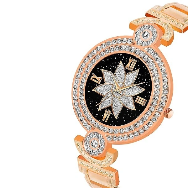 Analogue Flower Design Black Round Dial Rose Gold Metal Strap Stylish Watch for Girl's and Women's Pack of - 1