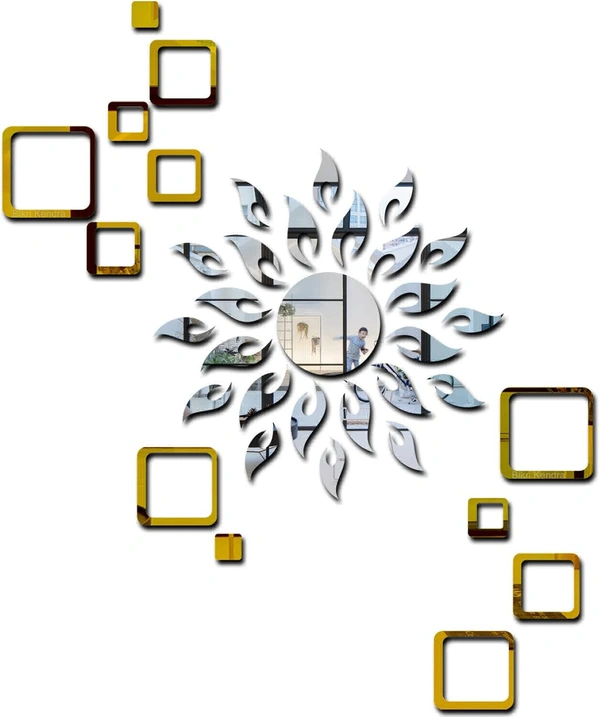 Sun Silver with Square 2 Set Golden Decorative Mirror Stickers for Wall, Wall Mirror Stickers, 3D Acrylic Stickers Wall Stickers for Hall Room, Bed Room, Kitchen Living Room Kids Room.
