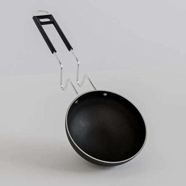 Iron Tadka Pan/Fry Pan with Wooden Handle for Kitchen 11 Cm Diameter Gas Oven Compatible, Black