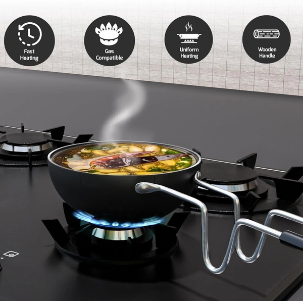 Iron Tadka Pan/Fry Pan with Wooden Handle for Kitchen 11 Cm Diameter Gas Oven Compatible, Black
