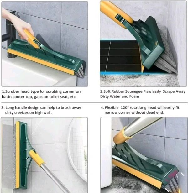 Bathroom Cleaning Brush With Wiper 2 In 1 Tiles Cleaning Brush Floor Scrub Bathroom Brush With Long Handle 120Deg Rotate Bathroom Floor Cleaning Brush Home Kitchen Bathroom Cleaning Accessories