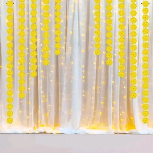Ganpati Haldi Mehndi Decoration Combo: White Net Curtain Cloth Backdrop With Artificial Marigold Flowers - Perfect For Ganesh Chaturthi, Haldi Mehndi | Marigold Garlands Decoration