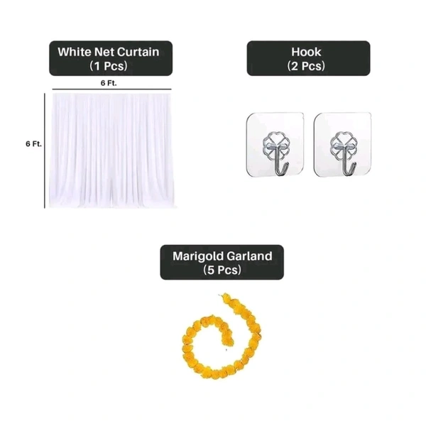 Ganpati Haldi Mehndi Decoration Combo: White Net Curtain Cloth Backdrop With Artificial Marigold Flowers - Perfect For Ganesh Chaturthi, Haldi Mehndi | Marigold Garlands Decoration