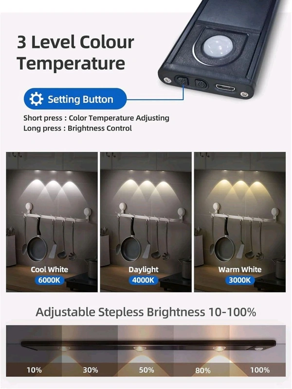Motion Sensor Cabinet Mood Light, 45Cm Wireless Closet Light, 1500Mah Rechargeable Dimmable Led Light Bar With 3 Light Colors, Magnetic Install (1800K-6500K) - Aluminium, White