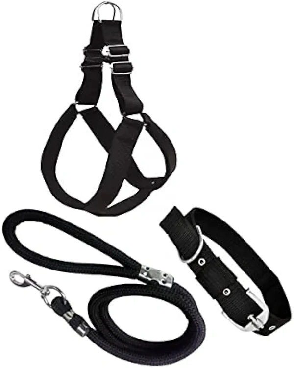 Dog Combo Pack of Harness, Neck Collar Belt and Rope Set (Black, Medium, Waterproof, Rope Size 1.5M-2M)