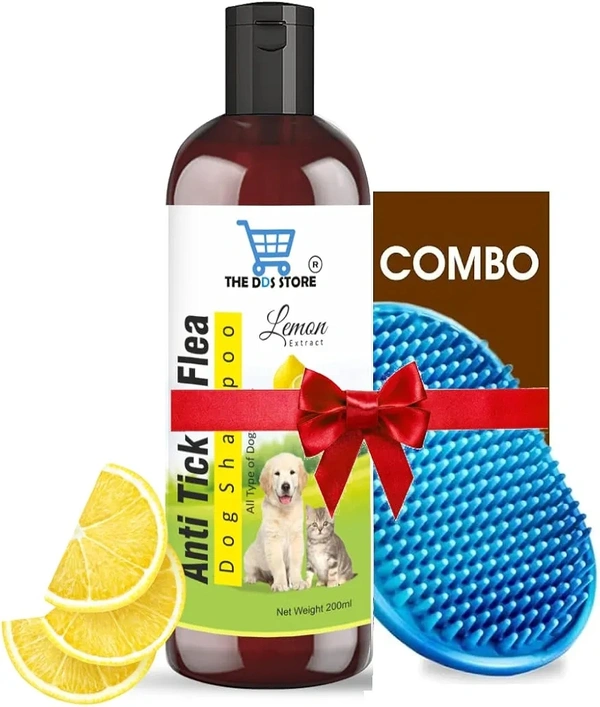 Dog Shampoo & Puppy Shampoo - Naturally Organic Dog Shampoo for Smelly Dogs Grooming Products for Dogs, Deshedding Shampoo for Dogs Pet Shampoo 200 ml (Anti Tick & Flea (Lemon)+Bath Brush)