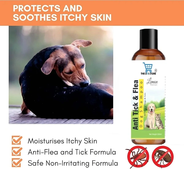 Dog Shampoo & Puppy Shampoo - Naturally Organic Dog Shampoo for Smelly Dogs Grooming Products for Dogs, Deshedding Shampoo for Dogs Pet Shampoo 200 ml (Anti Tick & Flea (Lemon)+Bath Brush)