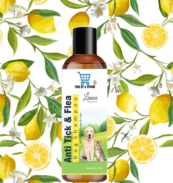 Dog Shampoo & Puppy Shampoo - Naturally Organic Dog Shampoo for Smelly Dogs Grooming Products for Dogs, Deshedding Shampoo for Dogs Pet Shampoo 200 ml (Anti Tick & Flea (Lemon)+Bath Brush)