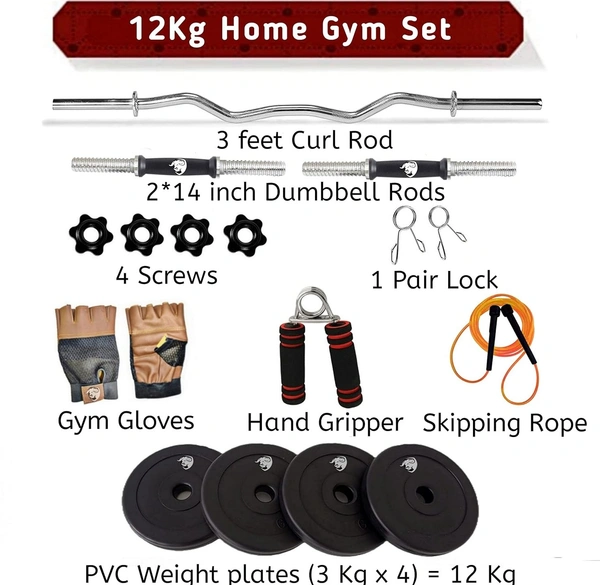 Home Gym Set (8-30) kg Home Gym Combo with Curl Rod and Pair of Dumbbell Rods Gym Equipment for Men and Exercise Accessories for Fitness. (12 kg Home Gym Set)