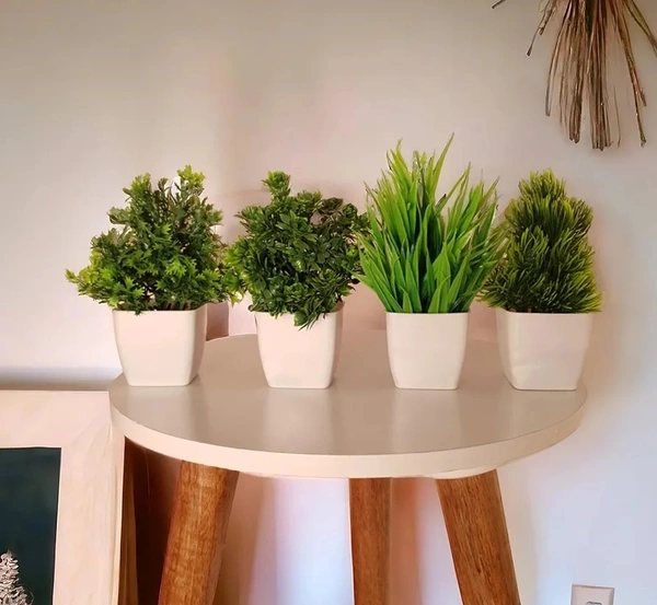 Plastic Artificial Plants Mini, Eucalyptus Potted Faux Decorative Grass Plant For Home Decor, Indoor, Office, Desk, Shelf, Table Decoration (Pack Of 4), Green