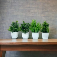 Plastic Artificial Plants Mini, Eucalyptus Potted Faux Decorative Grass Plant For Home Decor, Indoor, Office, Desk, Shelf, Table Decoration (Pack Of 4), Green