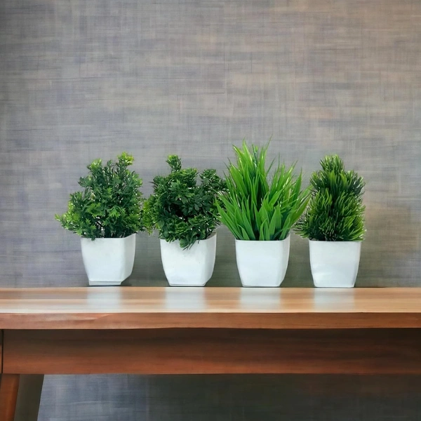 Plastic Artificial Plants Mini, Eucalyptus Potted Faux Decorative Grass Plant For Home Decor, Indoor, Office, Desk, Shelf, Table Decoration (Pack Of 4), Green