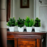 Plastic Artificial Plants Mini, Eucalyptus Potted Faux Decorative Grass Plant For Home Decor, Indoor, Office, Desk, Shelf, Table Decoration (Pack Of 4), Green