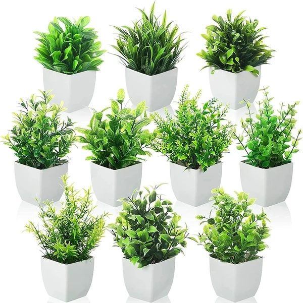 Artificial Plants Fake Potted Plants, Eucalyptus Potted Faux Decorative Grass Plant with White Pot for Home Decor, Indoor, Office, Desk, Shelf, Table Decoration (10 Mini)
