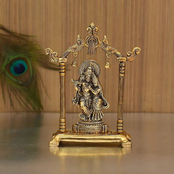 Metal Gold Plated Radha Krishna Idol Sculpture Statue Figurine Decorative Showpiece for Janmashtami Home Decoration Temple and Gift (Size 7 x 5 Inches) (1 Pieces)