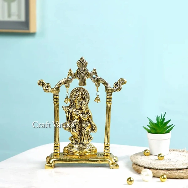 Metal Gold Plated Radha Krishna Idol Sculpture Statue Figurine Decorative Showpiece for Janmashtami Home Decoration Temple and Gift (Size 7 x 5 Inches) (1 Pieces)