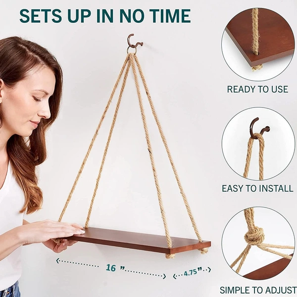 Hanging Shelves - Adjustable Rope Hanging Shelf, Wall Hanging Decor, Lightweight, Premium Wooden Shelf, Hanging Plant Shelf for Bedroom and Living Room (1 Pcs)